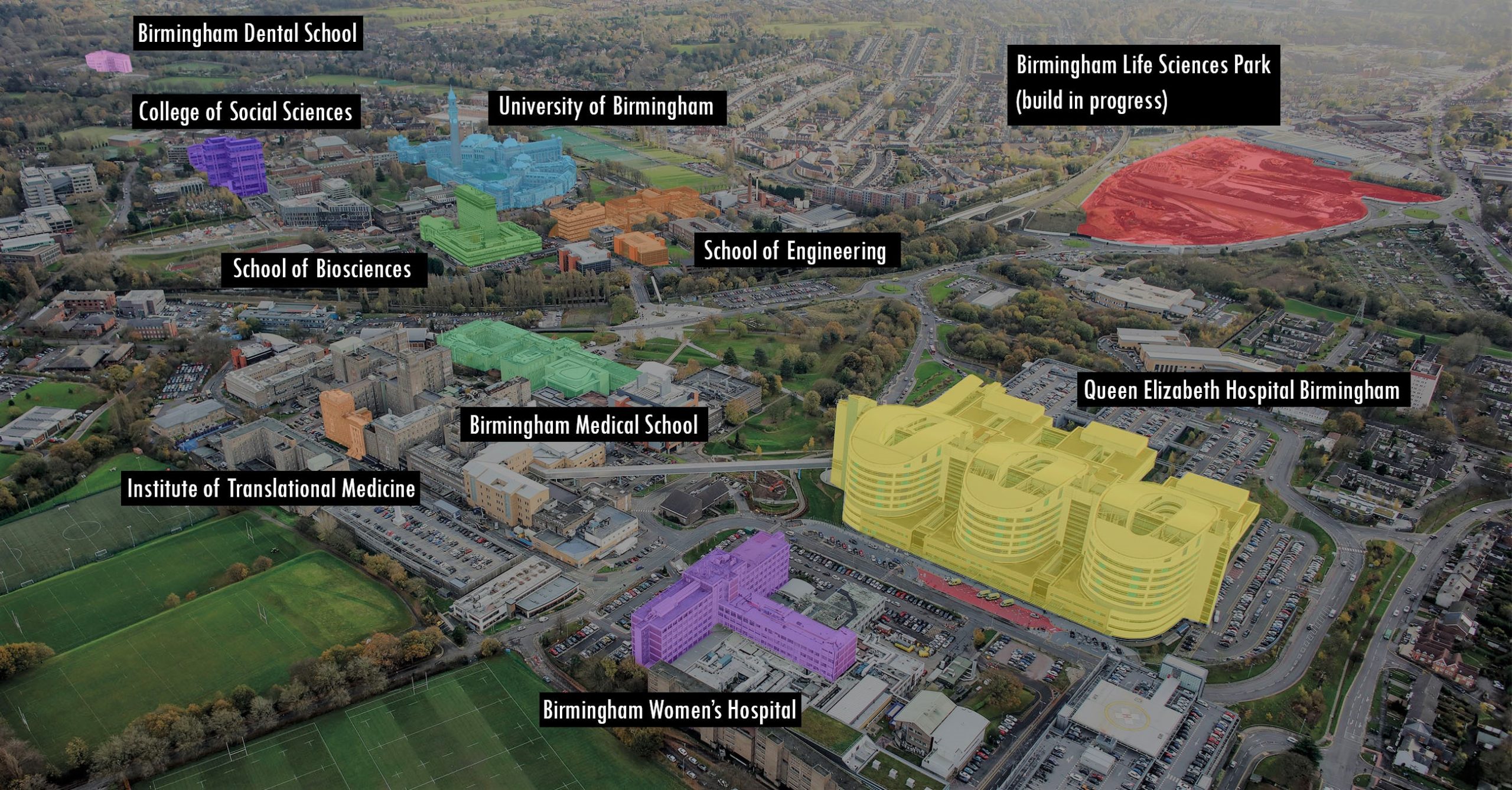 An aerial shot of the Birmingham Health Partners campus