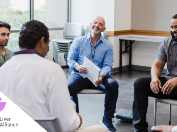 Midlands Liver Research Alliance logo. Picture of four men talking