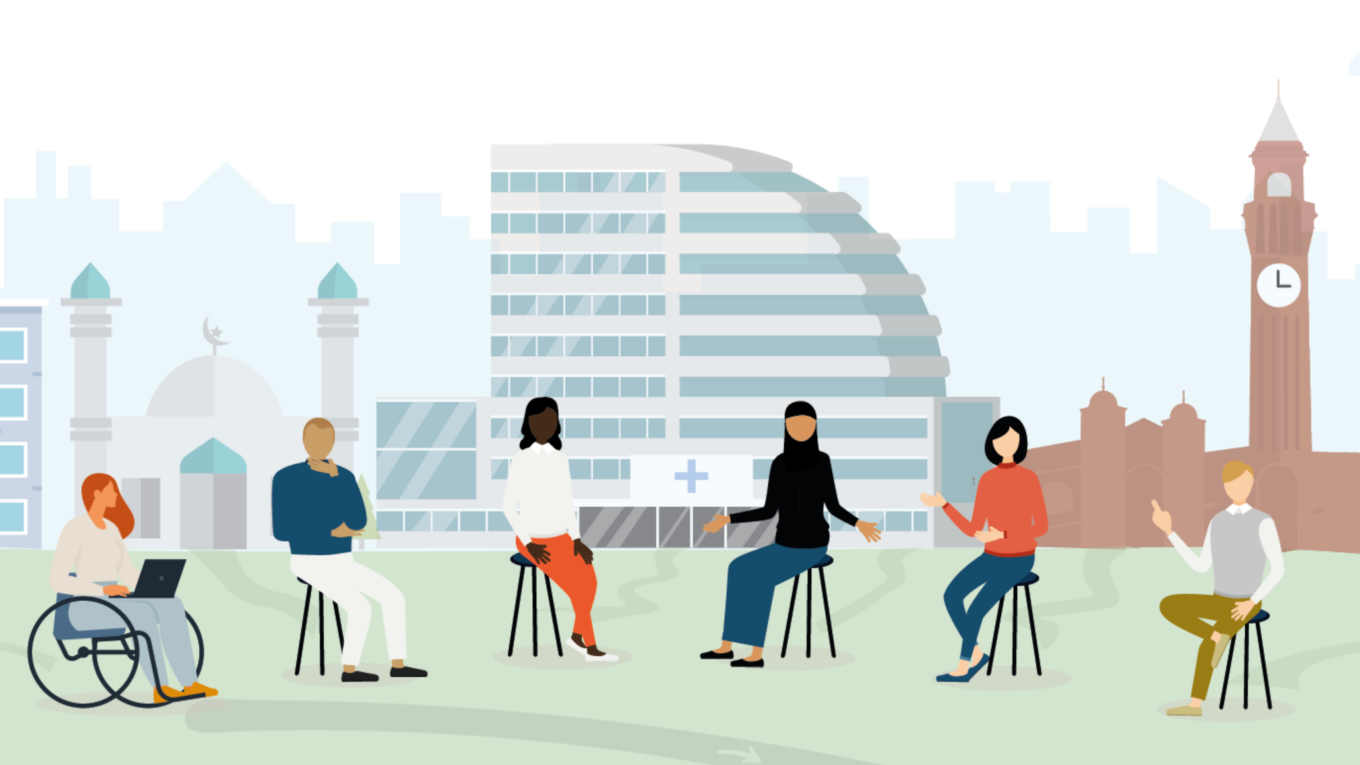 Graphic image with a diverse group of people sitting in front of the skyline of Birmingham, with the University of Birmingham's clock tower and the Queen Elizabeth Hospital as the most prominent buildings