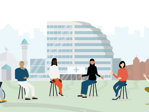 Graphic image with a diverse group of people sitting in front of the skyline of Birmingham, with the University of Birmingham's clock tower and the Queen Elizabeth Hospital as the most prominent buildings